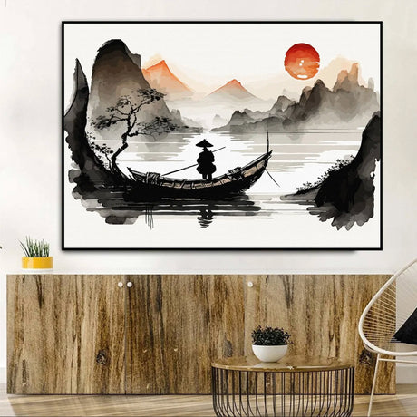 Tableau japonais paysage coucher de Soleil